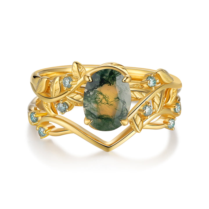 Gold Natural Moss Agate Ring