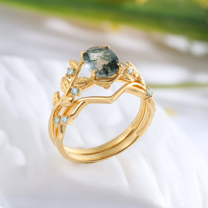 Gold Natural Moss Agate Ring