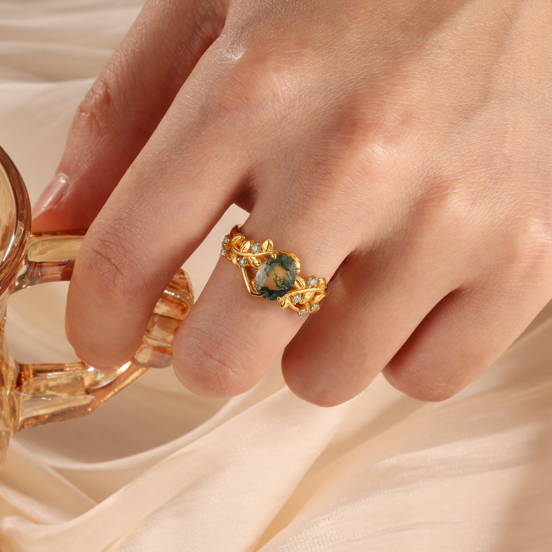 Gold Natural Moss Agate Ring