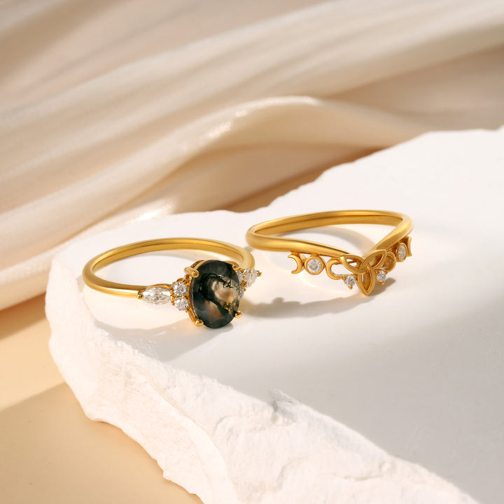Gold Natural Moss Agate Ring