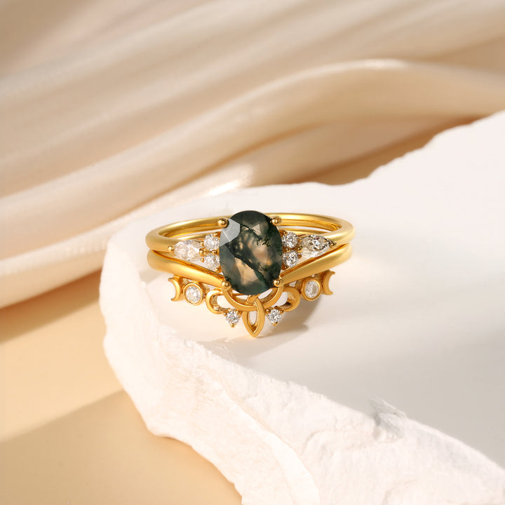 Gold Natural Moss Agate Ring