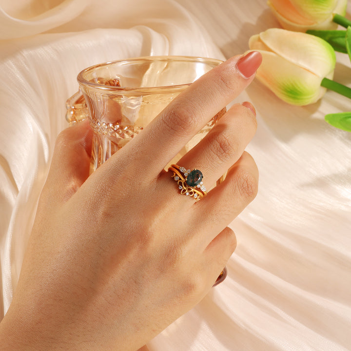 Gold Natural Moss Agate Ring