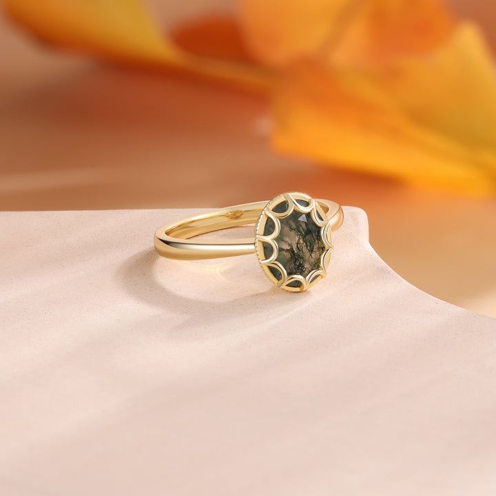 Gold Natural Moss Agate Ring