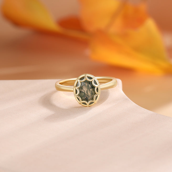Gold Natural Moss Agate Ring