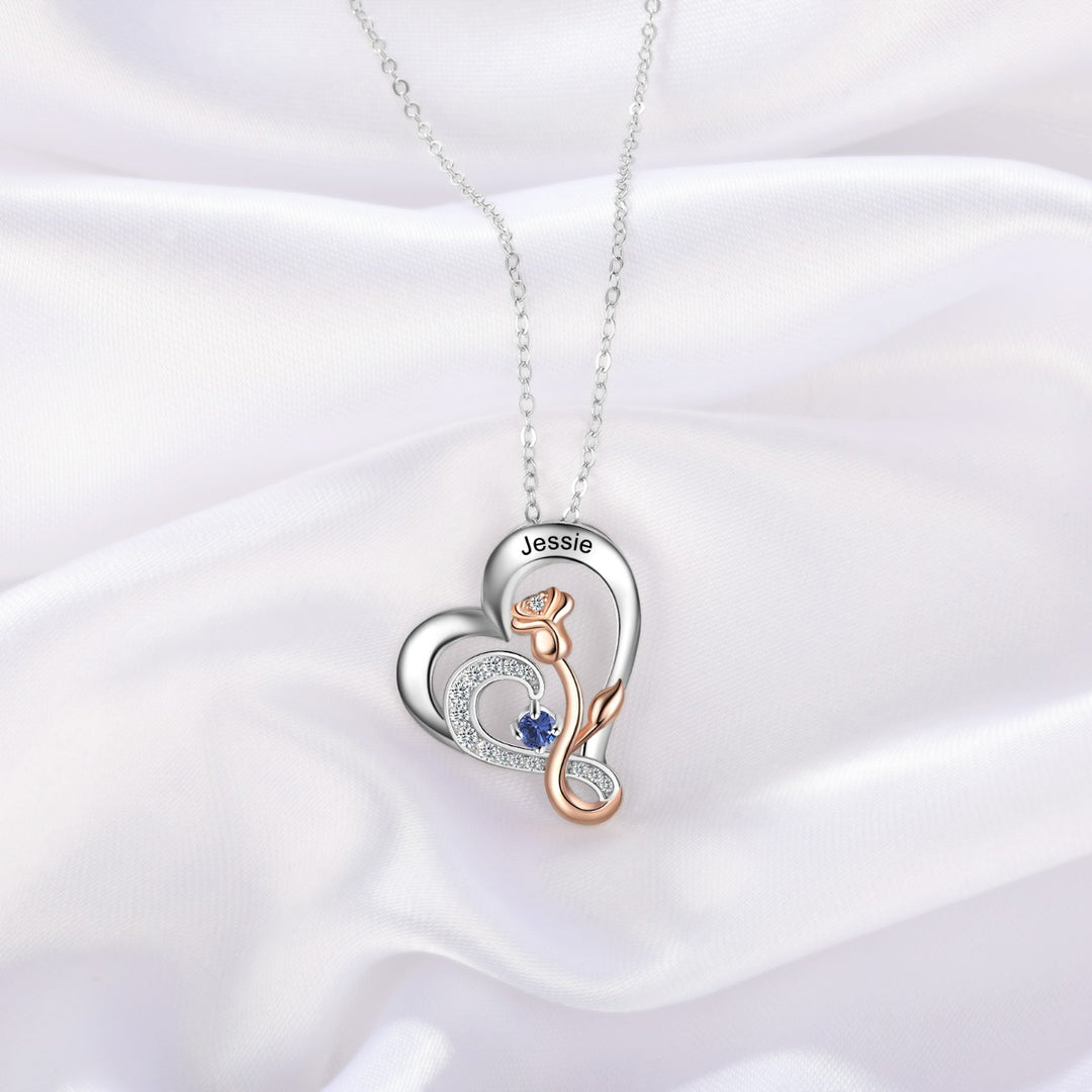 Silver Rose Flower Heart Necklace