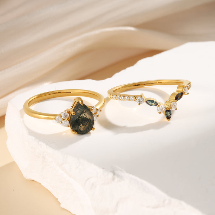 Gold Natural Moss Agate Ring