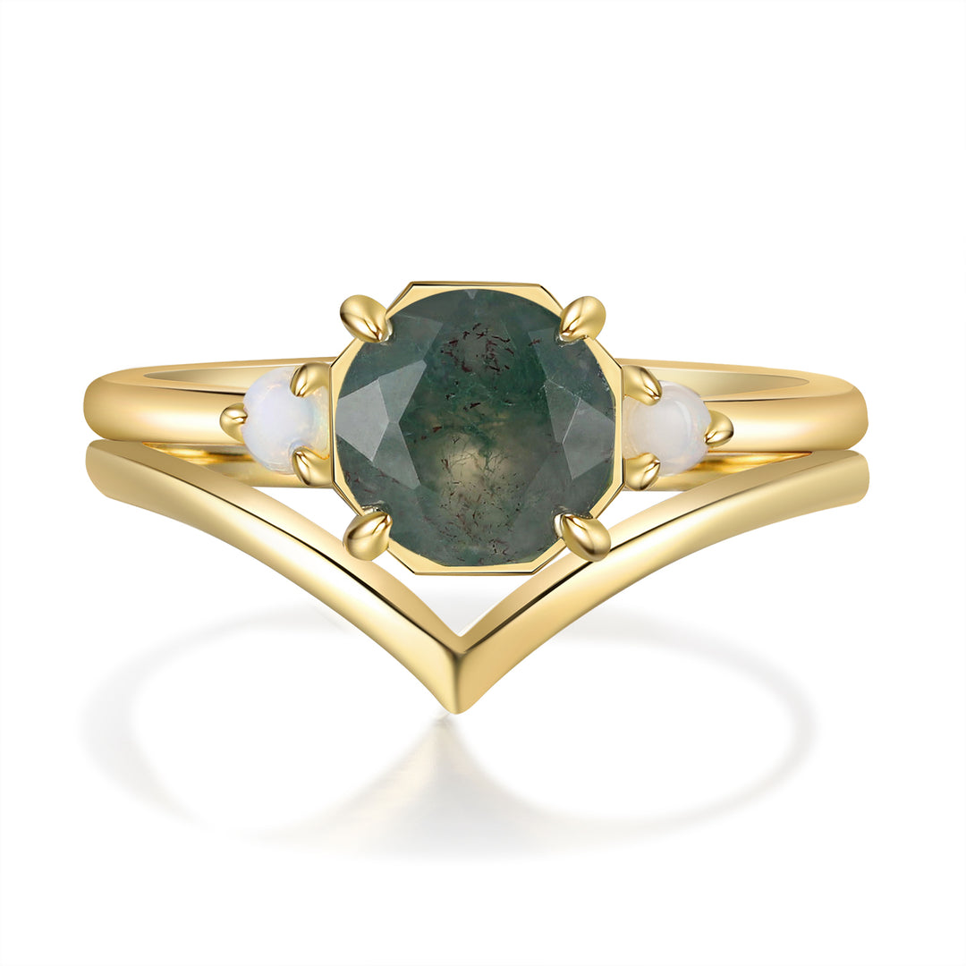 Gold Natural Moss Agate Ring