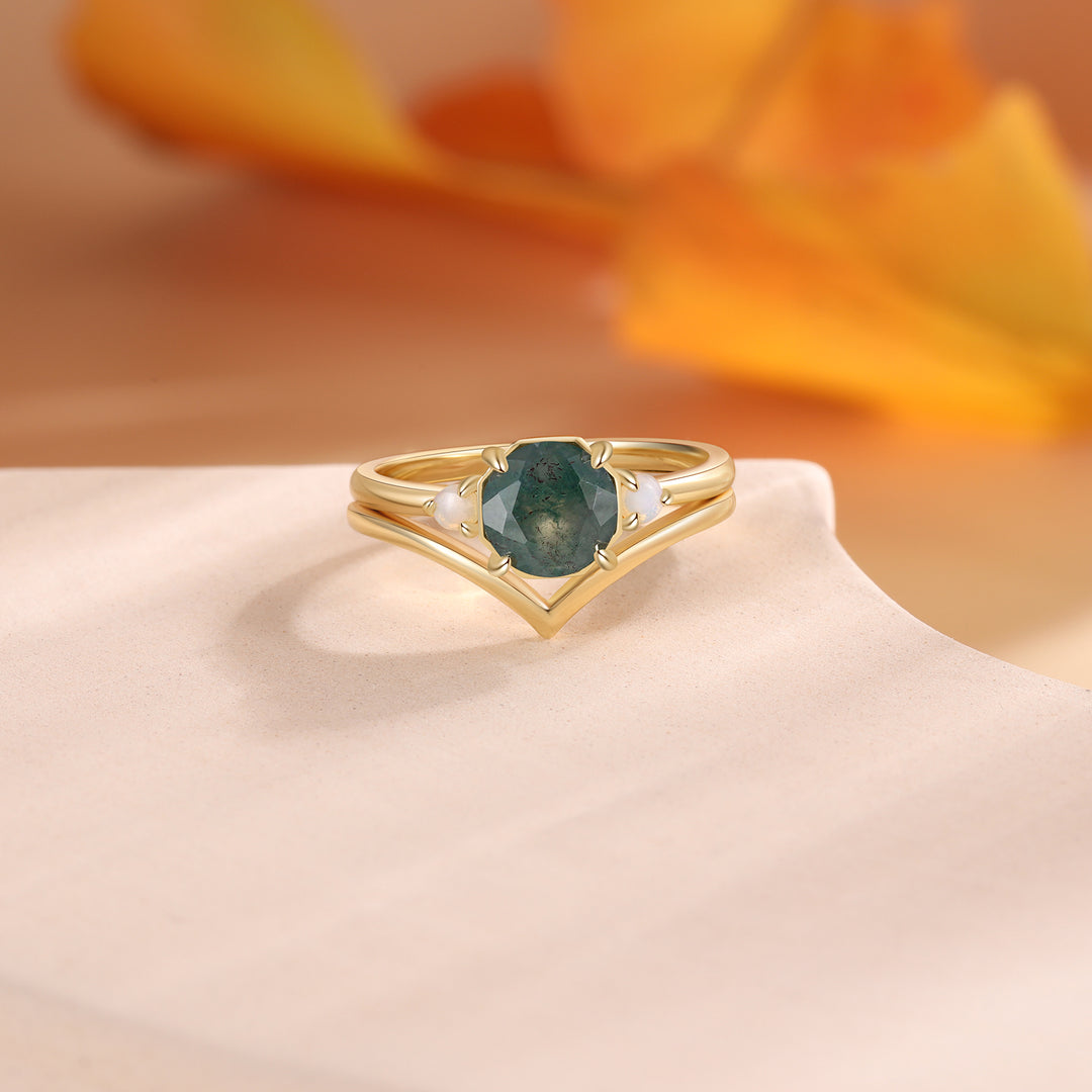 Gold Natural Moss Agate Ring