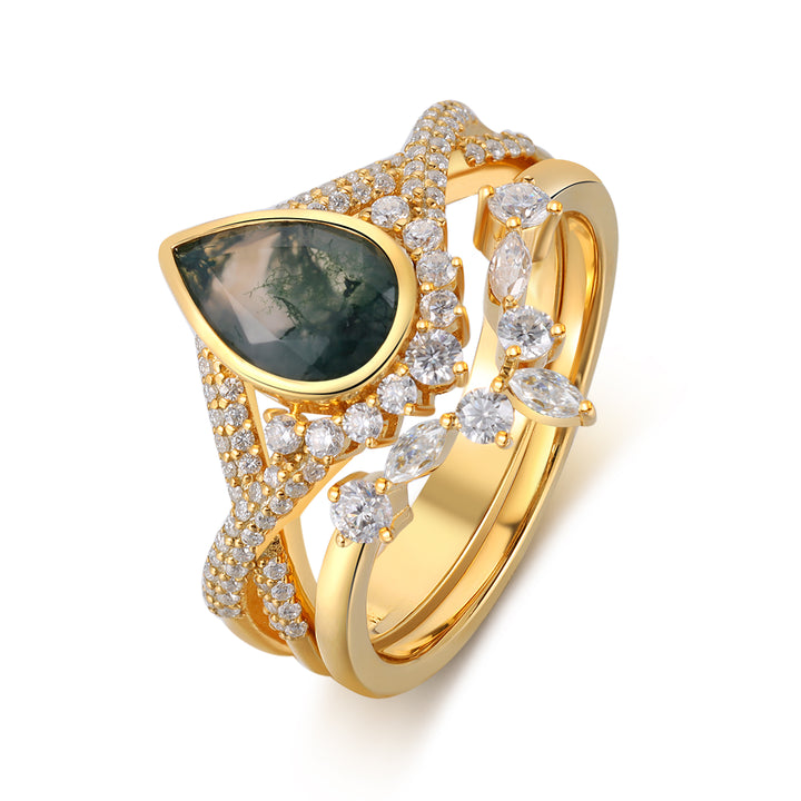 Gold Natural Moss Agate Ring