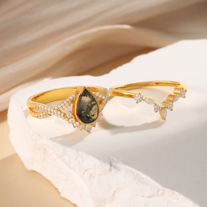 Gold Natural Moss Agate Ring