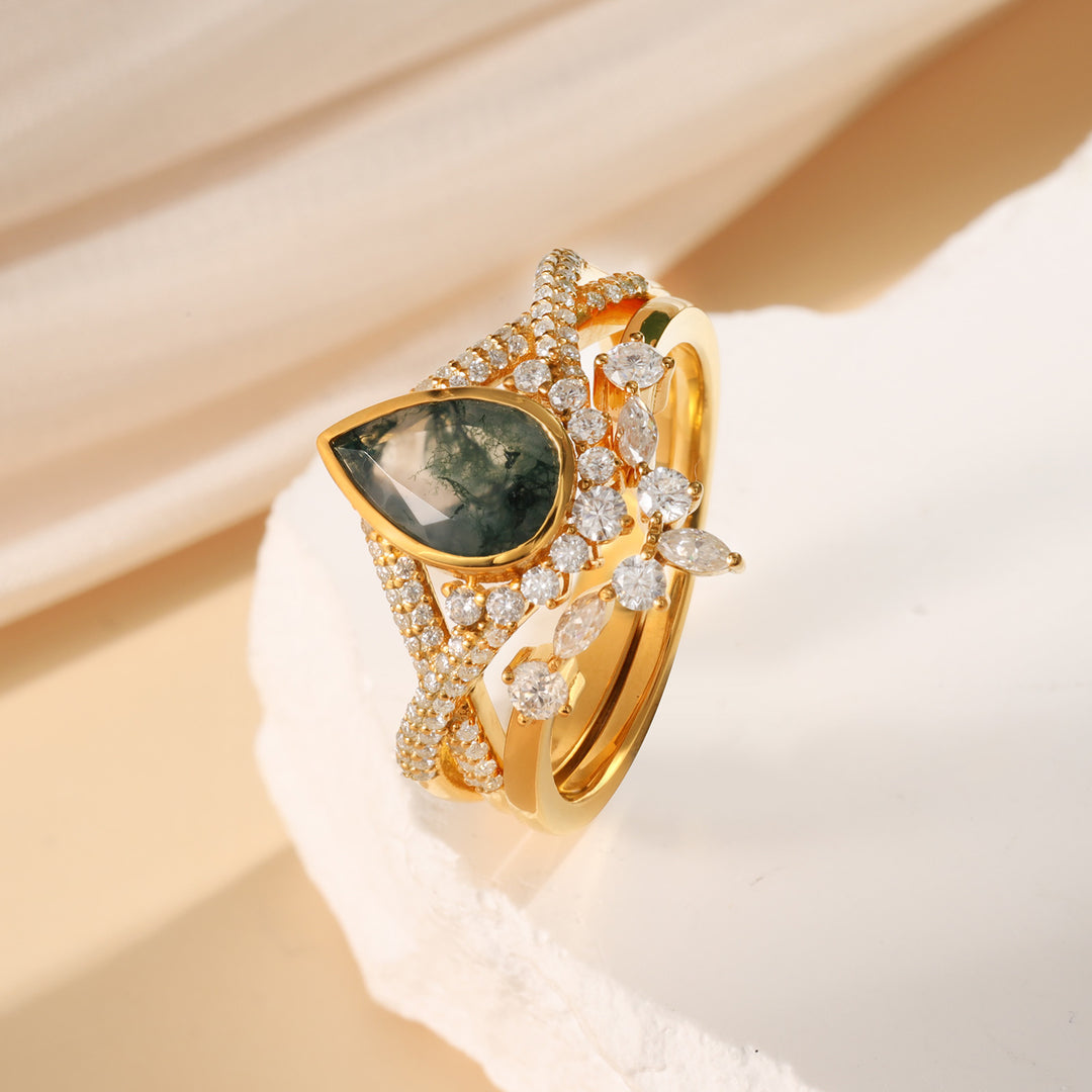 Gold Natural Moss Agate Ring